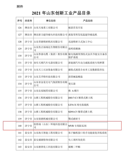 欣格瑞自主研發(fā)的MVR專(zhuān)用阻垢劑入選“2021年山東創(chuàng)新工業(yè)產(chǎn)品”